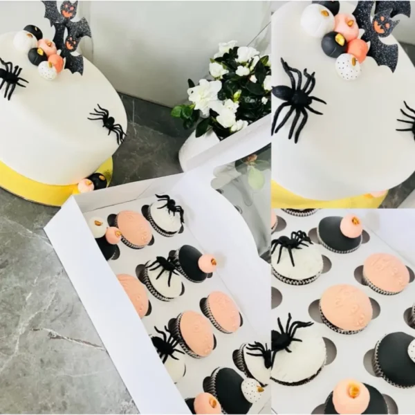 Halloween-Torte mit Spinnen & Fledermäusen + Cupcakes-Set