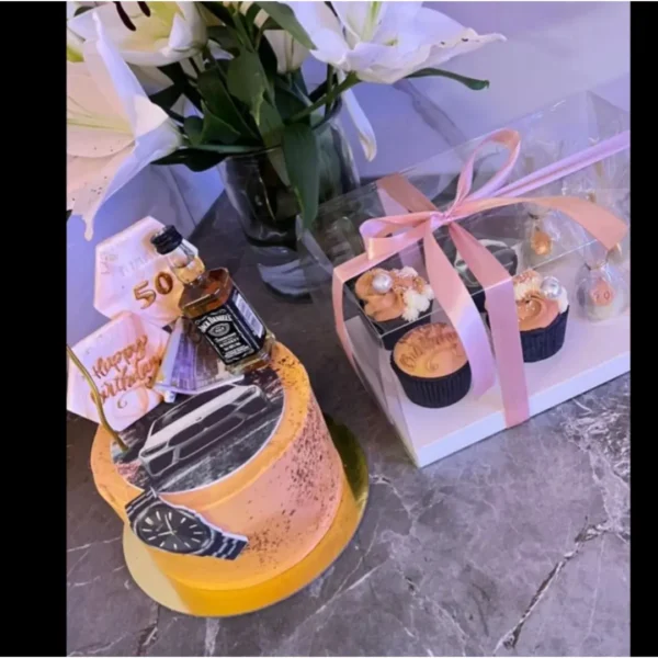 Exklusives Herren-Geburtstagsset: Whisky & Luxus-Auto-Torte mit Cupcakes